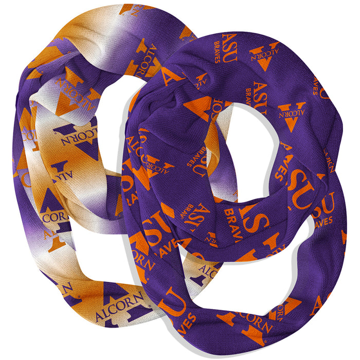 Alcorn State Braves ASU Vive La Fete All Over Logo Collegiate Women Set of 2 Light Weight Ultra Soft Infinity Scarfs