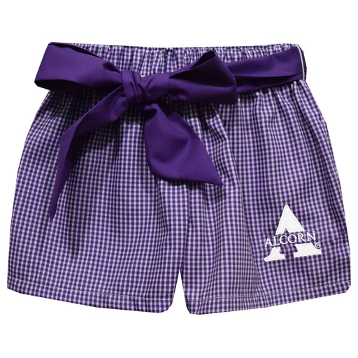 Alcorn State University Braves Embroidered Purple Gingham Girls Short with Sash