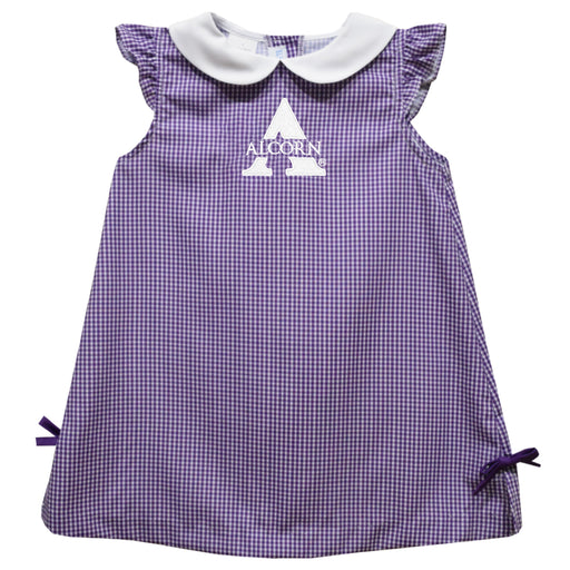 Alcorn State University Braves Embroidered Purple Gingham A Line Dress