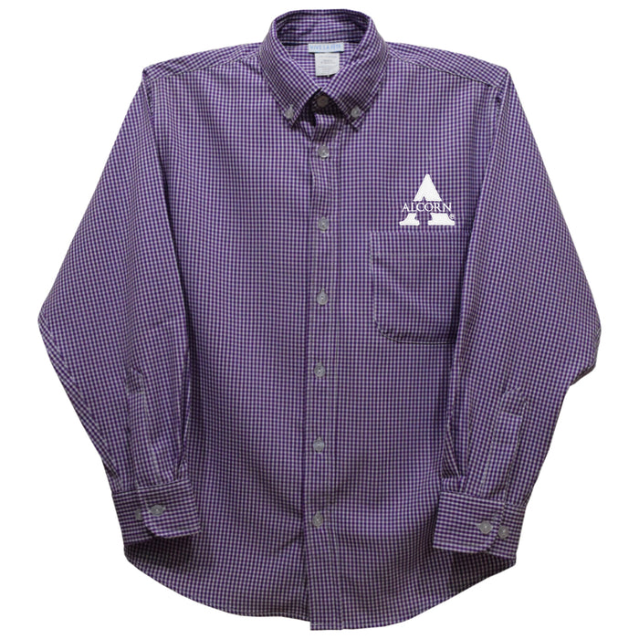Alcorn State University Braves Embroidered Purple Gingham Long Sleeve Button Down