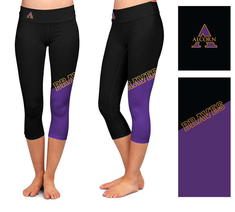 Alcorn State Braves ASU Vive La Fete Game Day Collegiate Leg Color Block Women Black Purple Capri Leggings - Vive La Fête - Online Apparel Store