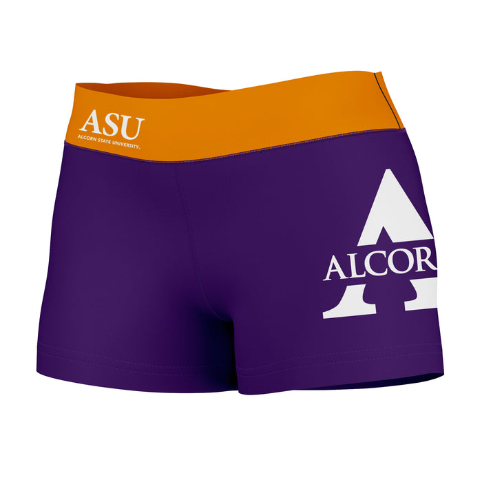 Alcorn State Braves Vive La Fete Logo on Thigh & Waistband Purple Gold Women Yoga Booty Workout Shorts 3.75 Inseam