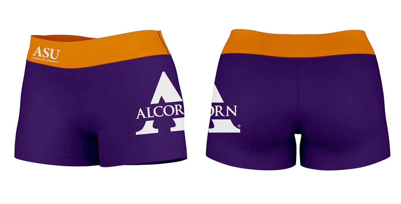 Alcorn State Braves Vive La Fete Logo on Thigh & Waistband Purple Gold Women Yoga Booty Workout Shorts 3.75 Inseam - Vive La Fête - Online Apparel Store