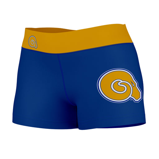 Albany State Rams Vive La Fete Logo on Thigh & Waistband Blue Gold Women Yoga Booty Workout Shorts 3.75 Inseam