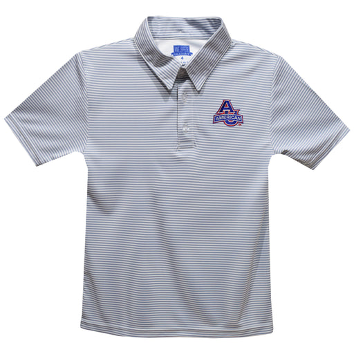 American University Eagles Embroidered Gray Stripes Short Sleeve Polo Box Shirt