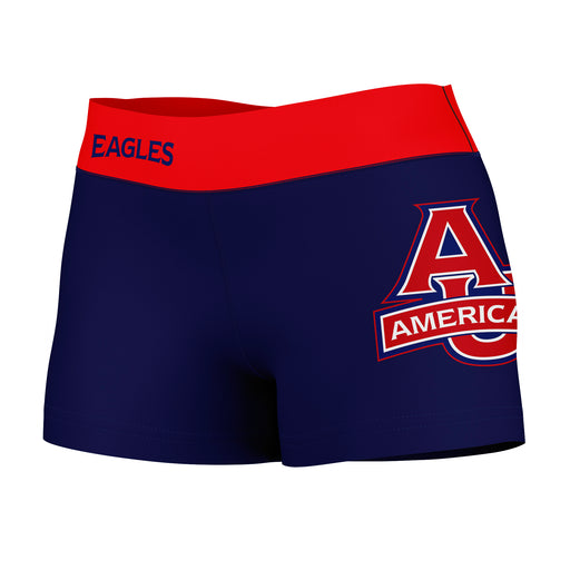 American U Eagles Vive La Fete Logo on Thigh & Waistband Blue Red Women Yoga Booty Workout Shorts 3.75 Inseam
