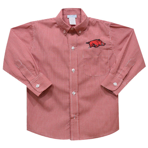 Arkansas Embroidered Red Gingham Long Sleeve Button Down Shirt