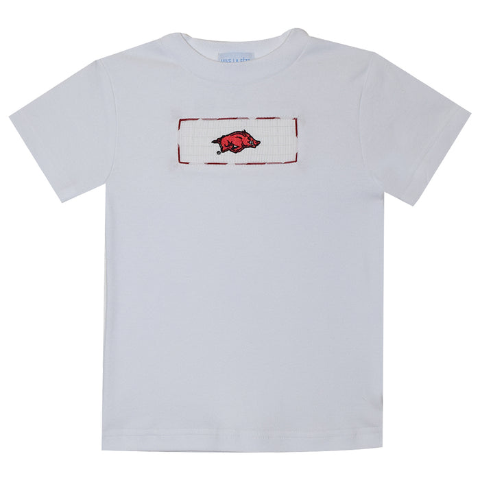 Arkansas Smocked Embroidered White Knit Tee Shirt Short Sleeve - Vive La Fête - Online Apparel Store