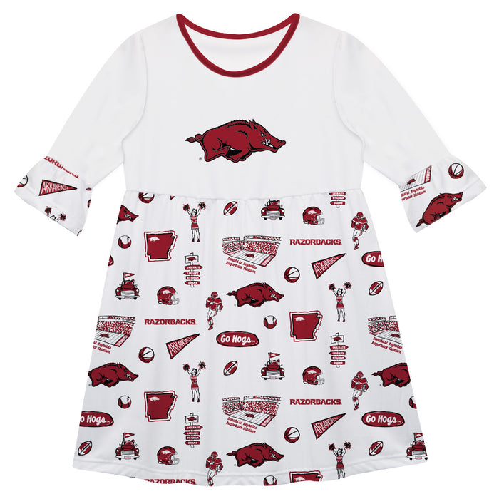 Arkansas Razorbacks 3/4 Sleeve Solid White Repeat Print Hand Sketched Vive La Fete Impressions Artwork on Skirt