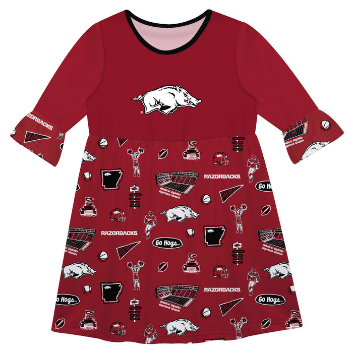 Arkansas Razorbacks 3/4 Sleeve Solid Cardinal Repeat Print Hand Sketched Vive La Fete Impressions Artwork on Skirt