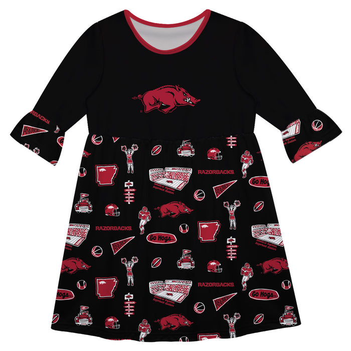 Arkansas Razorbacks 3/4 Sleeve Solid Black Repeat Print Hand Sketched Vive La Fete Impressions Artwork on Skirt