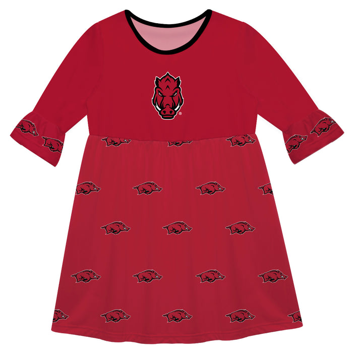 Arkansas Razorbacks Vive La Fete Girls Game Day 3/4 Sleeve Solid Red All Over Logo on Skirt