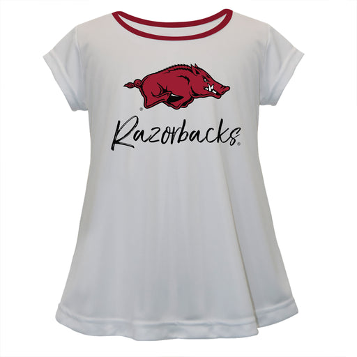 Arkansas Razorbacks Vive La Fete Girls Game Day Short Sleeve White Top with School Logo and Name