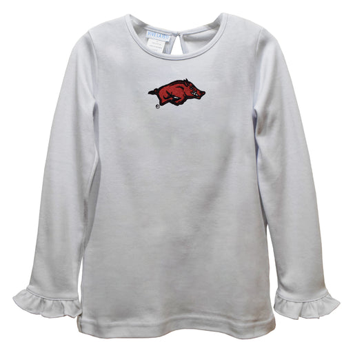 Arkansas Razorbacks Embroidered White Knit Long Sleeve Girls Blouse