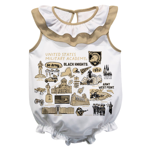 US Military ARMY Black Knights  White Hand Sketched Vive La Fete Impressions Artwork Sleeveless Ruffle Onesie Bodysuit