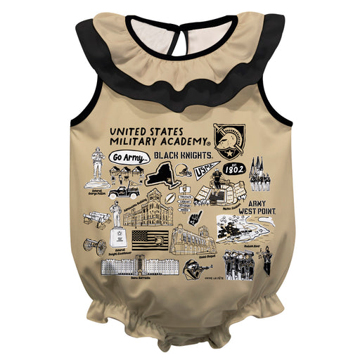 US Military ARMY Black Knights  Gold Hand Sketched Vive La Fete Impressions Artwork Sleeveless Ruffle Onesie Bodysuit