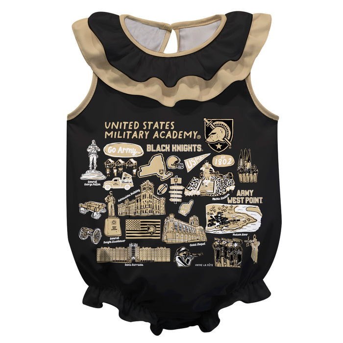 US Military ARMY Black Knights  Black Hand Sketched Vive La Fete Impressions Artwork Sleeveless Ruffle Onesie Bodysuit