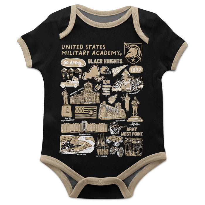 US Military ARMY Black Knights Hand Sketched Vive La Fete Impressions Artwork Infant Black Short Sleeve Onesie Bodysuit