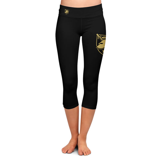 US Military ARMY Black Knights Vive La Fete Game Day Collegiate Large Logo on Thigh and Waist Girls Black Capri Leggings
