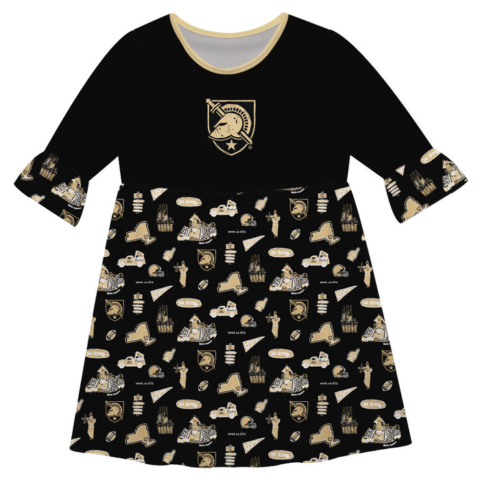 USMA ARMY Black Knights 3/4 Sleeve Solid Black Repeat Print Hand Sketched Vive La Fete Impressions Artwork on Skirt