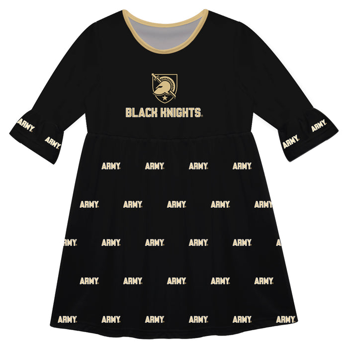 US Military ARMY Black Knights Vive La Fete Girls Game Day 3/4 Sleeve Solid Black All Over Logo on Skirt