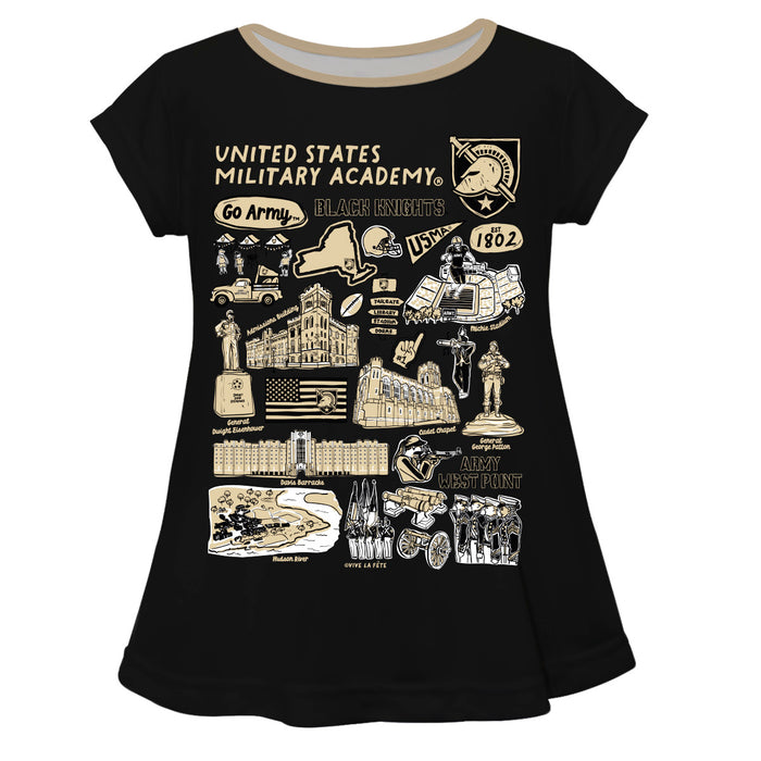 US Military ARMY Black Knights Hand Sketched Vive La Fete Impressions Artwork Black Short Sleeve Top