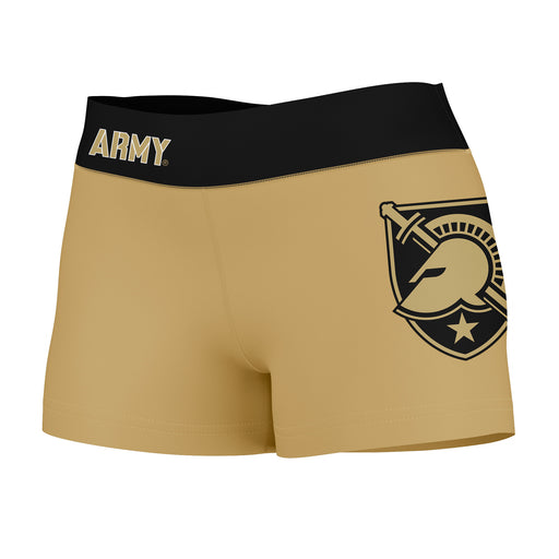 US ARMY Black Knights Vive La Fete Logo on Thigh & Waistband Gold Black Women Yoga Booty Workout Shorts 3.75 Inseam