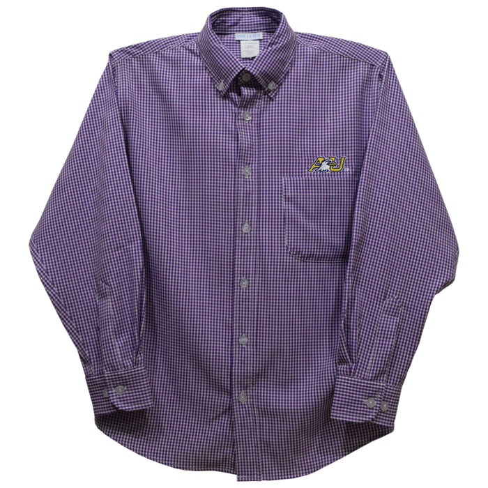 Ashland University AU Eagles Embroidered Purple Gingham Long Sleeve Button Down Shirt