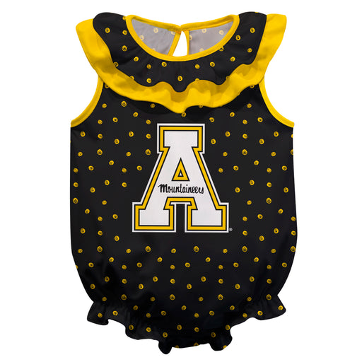 App State Mountaineers Swirls Black Sleeveless Ruffle Onesie Logo Bodysuit