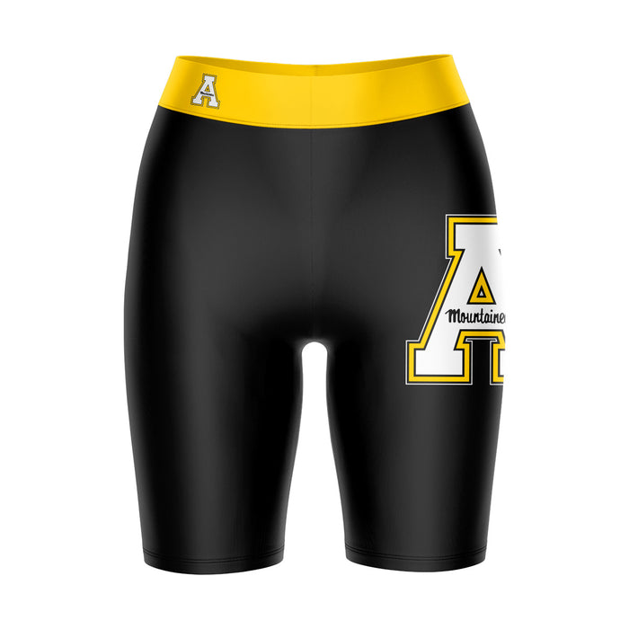 App State Mountaineers Vive La Fete Game Day Logo on Thigh and Waistband Black and Gold Women Bike Short 9 Inseam"