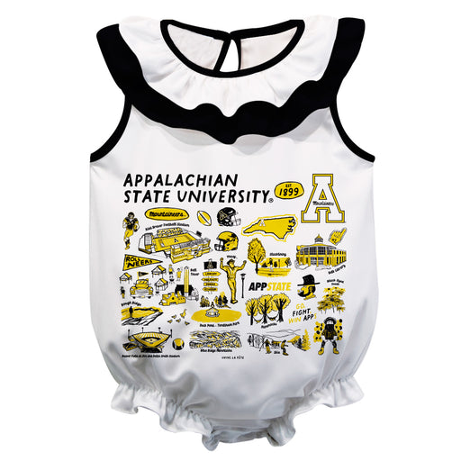 Appalachian State Mountaineers  White Hand Sketched Vive La Fete Impressions Artwork Sleeveless Ruffle Onesie Bodysuit