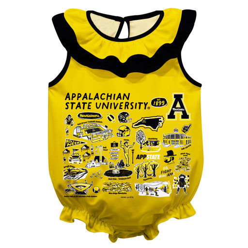 Appalachian State Mountaineers  Gold Hand Sketched Vive La Fete Impressions Artwork Sleeveless Ruffle Onesie Bodysuit