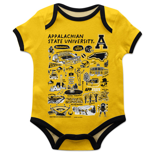 Appalachian State Mountaineers Hand Sketched Vive La Fete Impressions Artwork Infant Gold Short Sleeve Onesie Bodysuit