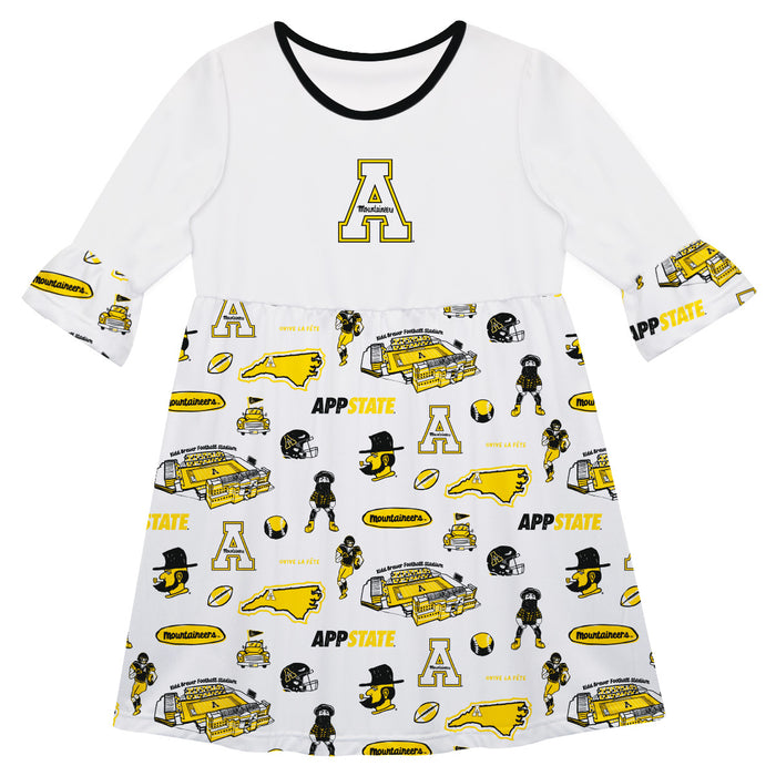Appalachian State Mountaineers 3/4 Sleeve Solid White Repeat Print Hand Sketched Vive La Fete Impressions Artwork on Ski