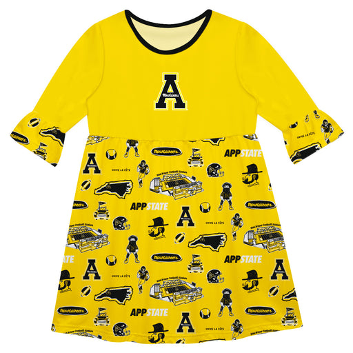 Appalachian State Mountaineers 3/4Sleeve Solid Gold Repeat Print Hand Sketched Vive La Fete Impressions Artwork on Skirt