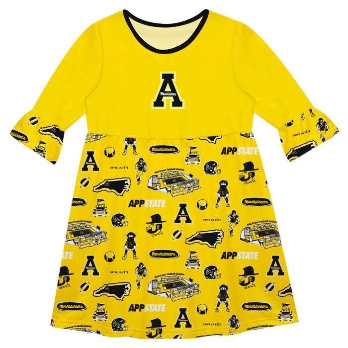 Appalachian State Mountaineers 3/4Sleeve Solid Gold Repeat Print Hand Sketched Vive La Fete Impressions Artwork on Skirt