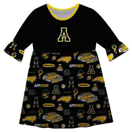 Appalachian Mountaineers 3/4 Sleeve Solid Black Repeat Print Hand Sketched Vive La Fete Impressions Artwork on Skirt