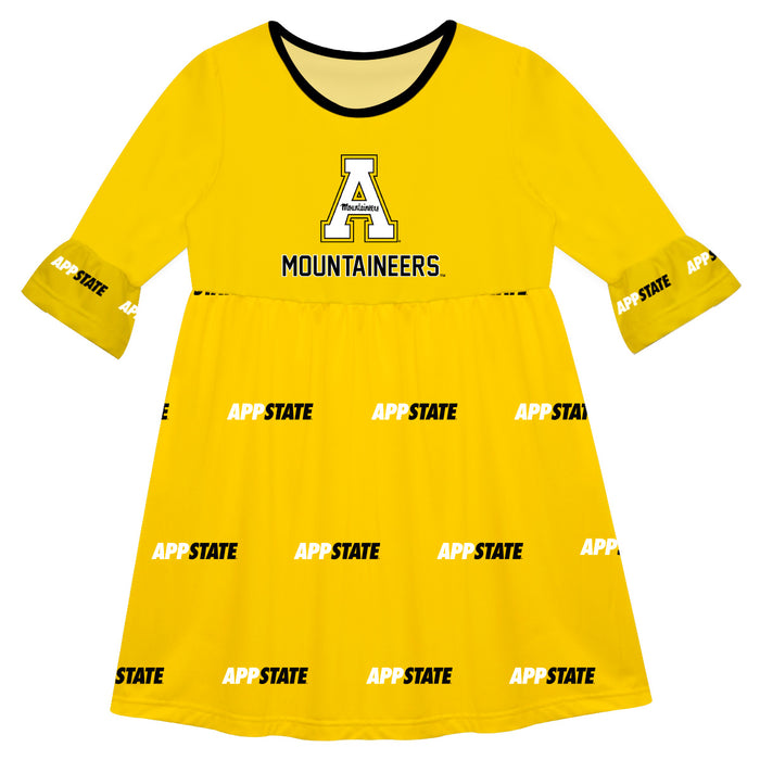 App State Mountaineers Vive La Fete Girls Game Day 3/4 Sleeve Solid Gold All Over Logo on Skirt