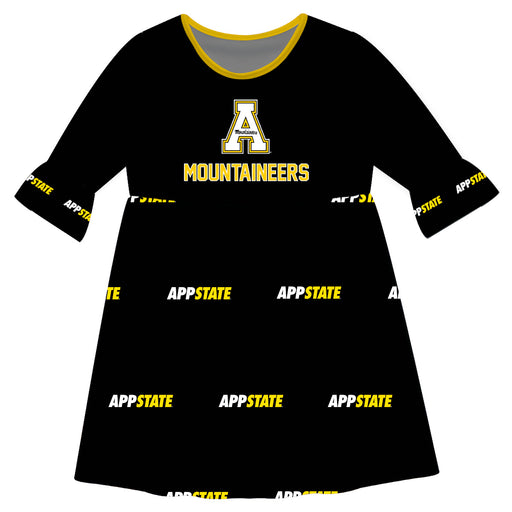 App State Mountaineers Vive La Fete Girls Game Day 3/4 Sleeve Solid Black All Over Logo on Skirt