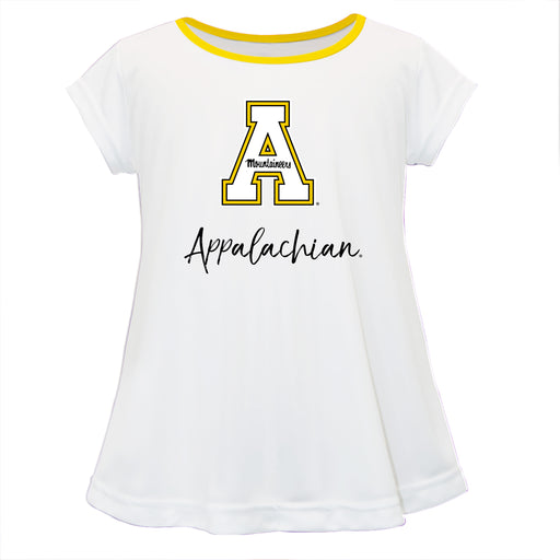 App State Mountaineers Vive La Fete Girls Game Day Short Sleeve White Top with School Logo and Name