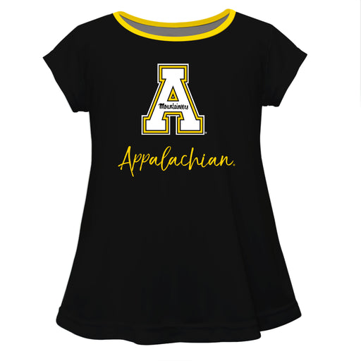 App State Mountaineers Vive La Fete Girls Game Day Short Sleeve Black Top with School Logo and Name