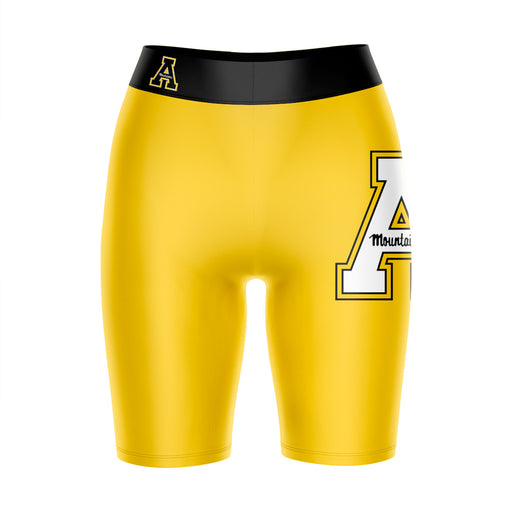 App State Mountaineers Vive La Fete Game Day Logo on Thigh and Waistband Gold and Black Women Bike Short 9 Inseam