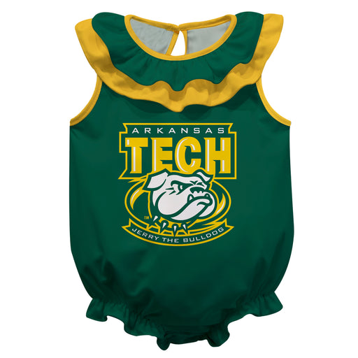 Arkansas Tech Jerry the Bulldog ATU Green Sleeveless Ruffle Onesie Logo Bodysuit by Vive La Fete
