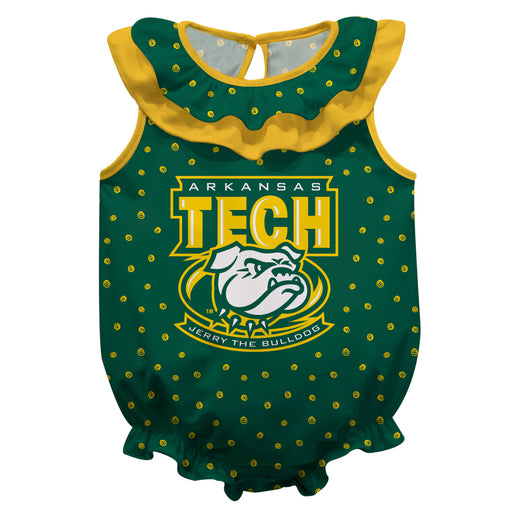 Arkansas Tech Jerry the Bulldog ATU Swirls Green Sleeveless Ruffle Onesie Logo Bodysuit