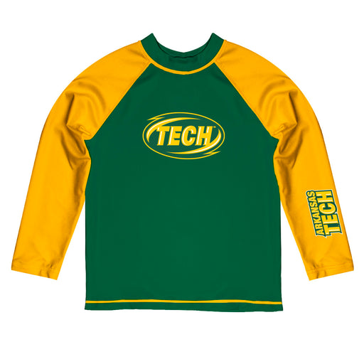 Arkansas Tech Jerry the Bulldog Vive La Fete Logo Green Yellow Long Sleeve Raglan Rashguard