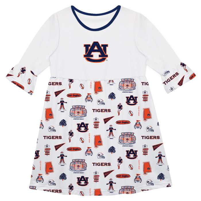 Auburn University Tigers 3/4 Sleeve Solid White Repeat Print Hand Sketched Vive La Fete Impressions Artwork on Skirt