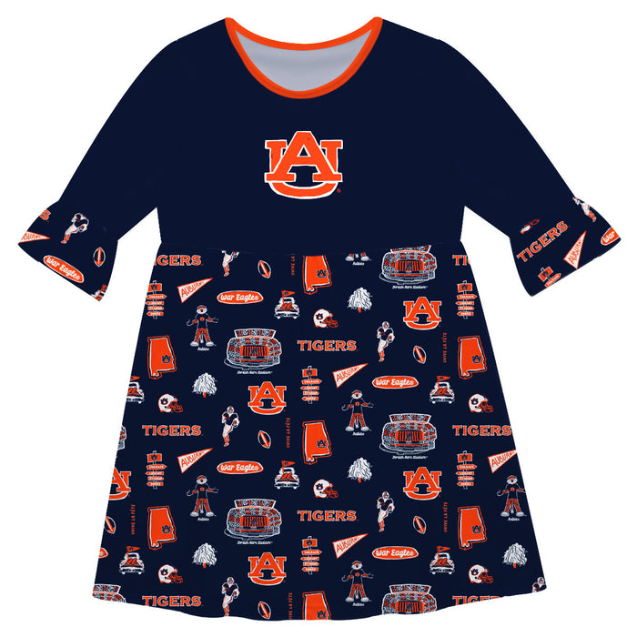 Auburn University Tigers 3/4 Sleeve Solid Blue Repeat Print Vive La Fete Impressions Artwork on Skirt