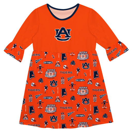 Auburn University Tigers 3/4 Sleeve Solid Orange Repeat Print Hand Sketched Vive La Fete Impressions Artwork on Skirt