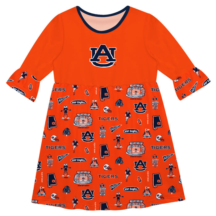 Auburn University Tigers 3/4 Sleeve Solid Orange Repeat Print Hand Sketched Vive La Fete Impressions Artwork on Skirt