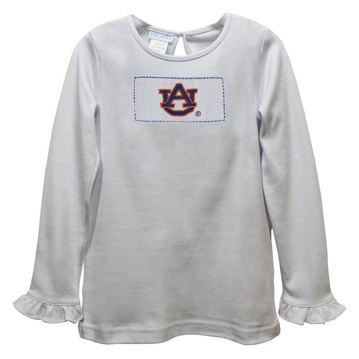 Auburn University Tigers  Smocked White Knit Ruffle Long Sleeve Girls Tshirt